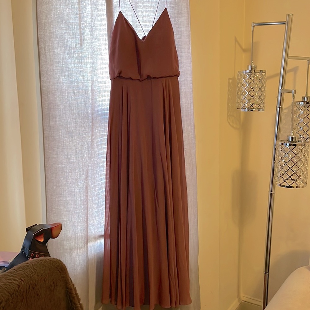 Long mauve elegant women’s Inesse dress. Strap ot luxe chiffon dress.